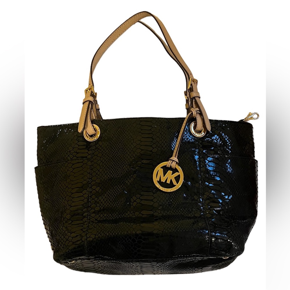 Michael Kors Black Patent Embossed Python Jet Set Tote